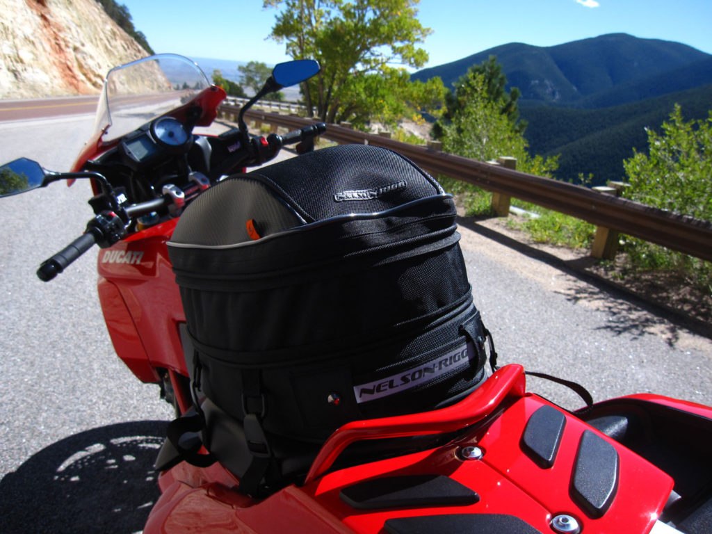 Nelson Rigg CL-1060 Tail Bag expanded and mounted on a motorcycle