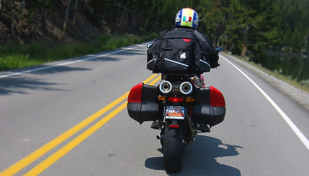 Ventura Motorcycle Luggage Rack System Mounted and in use during a road trip tour through Yellowstone National Park