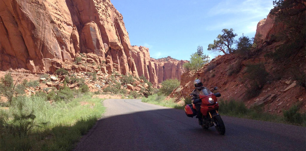 Ducati Multistrada Utah Red Rock Canyon Mountain Road cornering Pirelli Angel GT