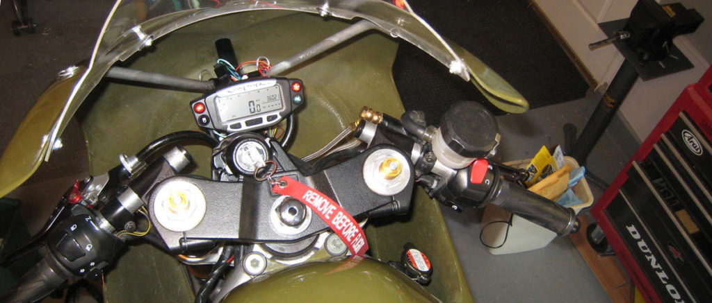 Completed instalation of the Trail Tech Vapor Dashboard Kit on a Suzuki SV650 Race Bike